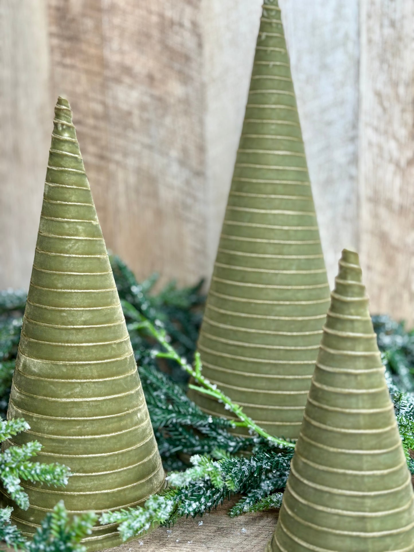 S/3 SAGE VELVET CONE TREES