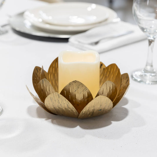 Gold Leaf Metal Candleholder with Battery Operated Candle