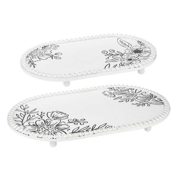 Black & White Flower Beaded Oval Tray