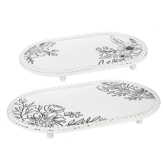Black & White Flower Beaded Oval Tray