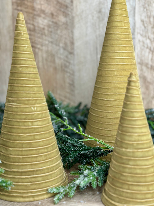 S/3 GOLD VELVET CONE TREES