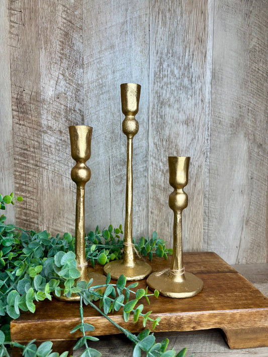S/3 GOLD IRON BALL CANDLE STANDS