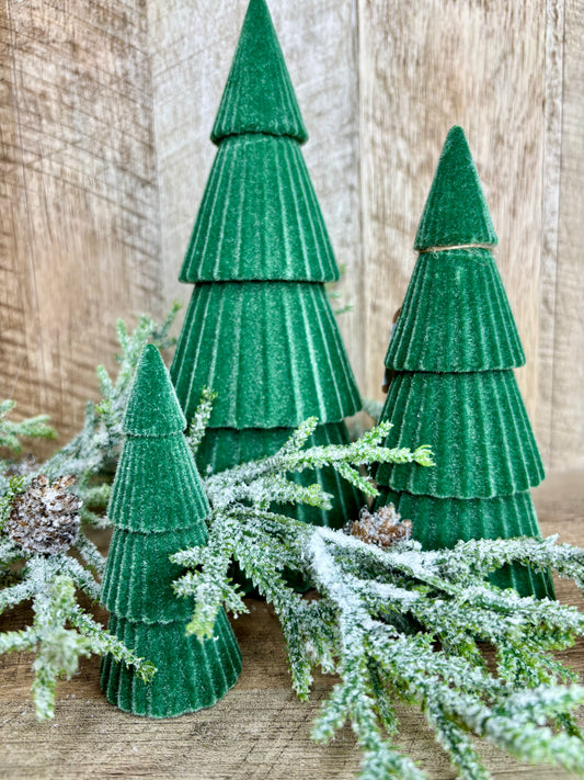 S/3 GREEN VELVET FLOCKED TREES