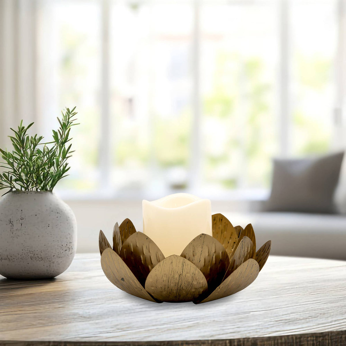 Gold Leaf Metal Candleholder with Battery Operated Candle