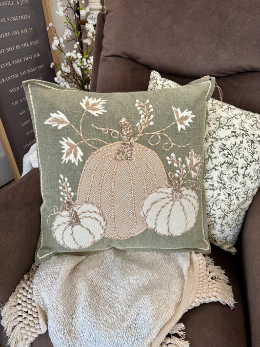 18 X 18 AUTUMN PUMPKINS GREEN PILLOW