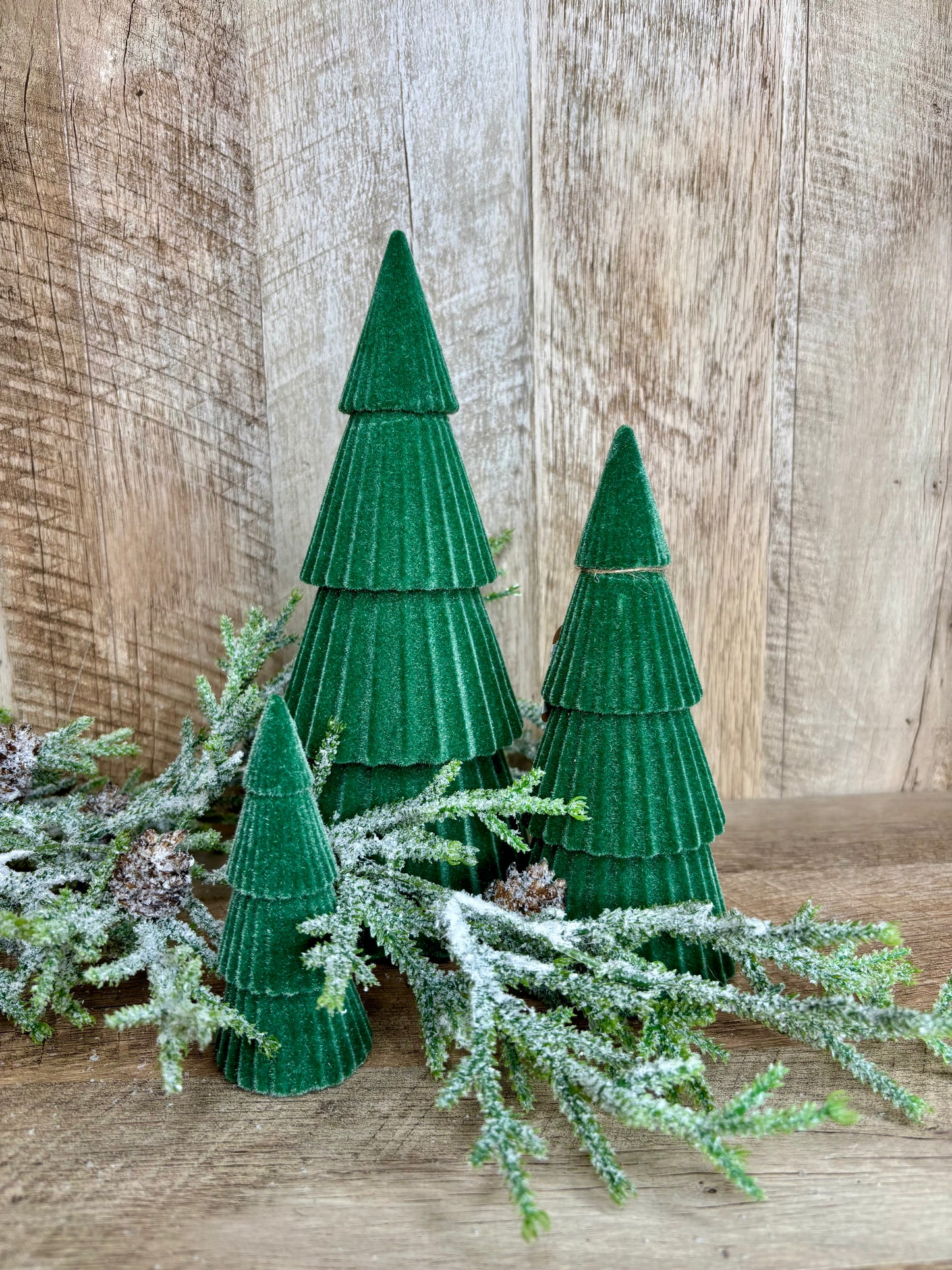 S/3 GREEN VELVET FLOCKED TREES
