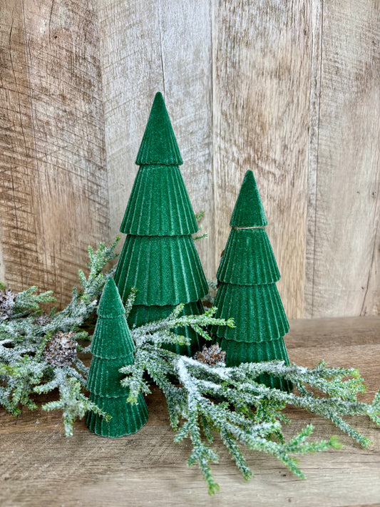 S/3 GREEN VELVET FLOCKED TREES