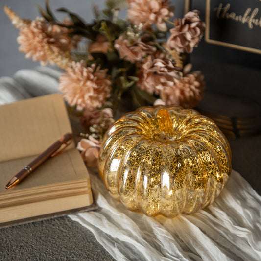 5" Gold Crackle Glass LED Pumpkin