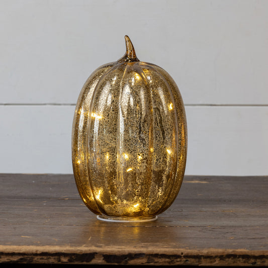 8.5" Gold Crackle Glass LED Pumpkin