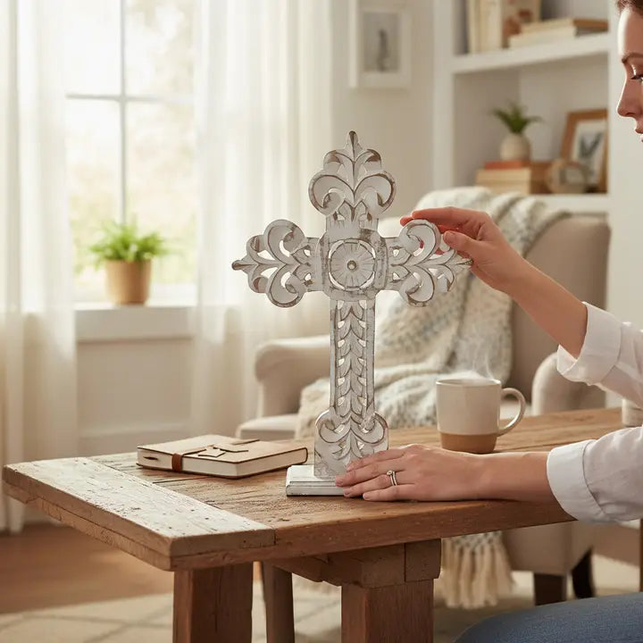 White Carved Wood Table Cross