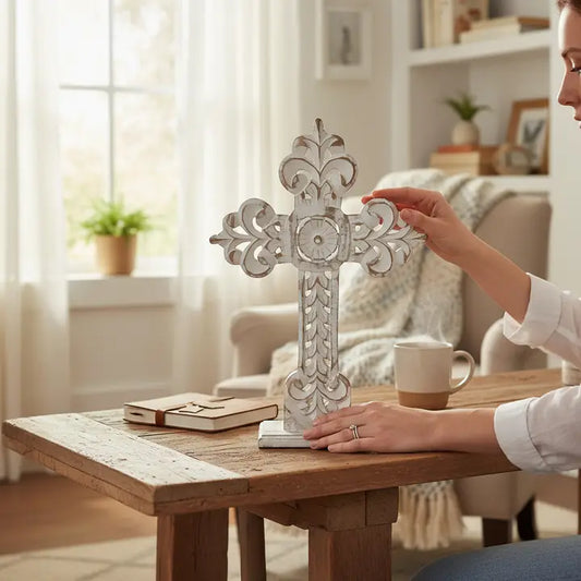 White Carved Wood Table Cross